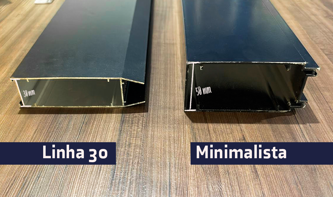 Fotografia ilustrativa de perfis de porta linhas 30 e linha minimalista